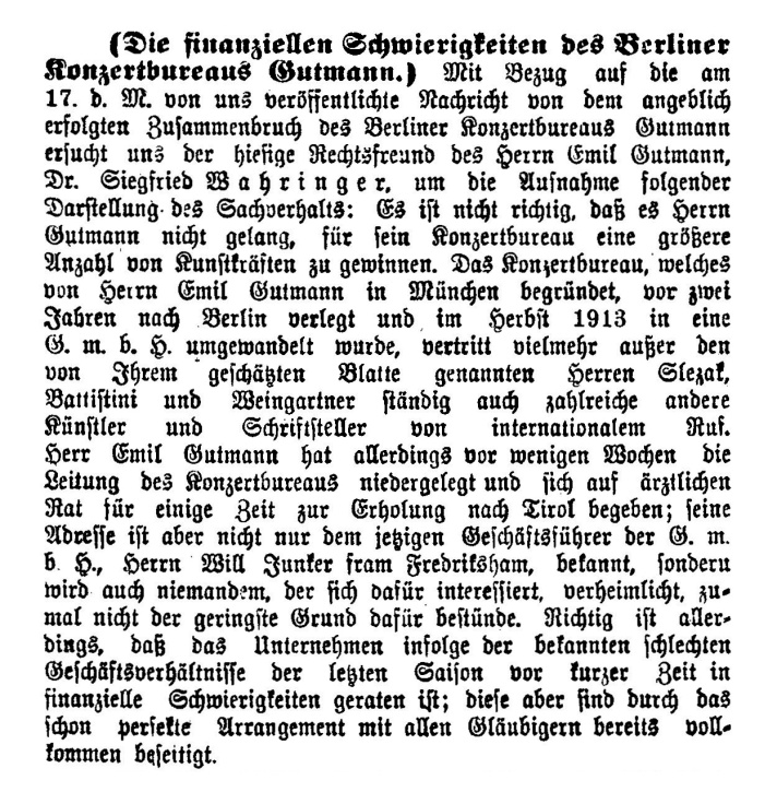 „Die finanziellen Schwierigkeiten des Berliner Konzertbureaus Gutmann“. Aus: „Neues Wiener Journal“ vom 23. April 1914, 9.