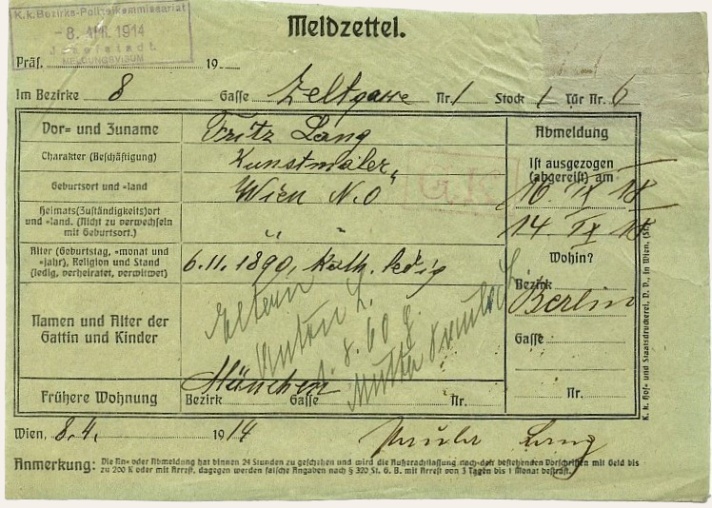 Fritz Langs Meldezettel vom April 1914 nennt ein falsches Geburtsdatum: „6.11.1890“ statt richtig „5.12.1890“ („Wiener Stadt und Landesarchiv“).